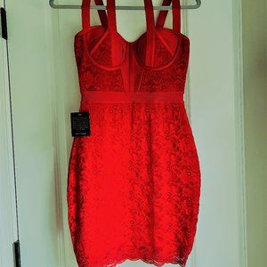 NWT Bebe Red Halter Lace Bandage Dress